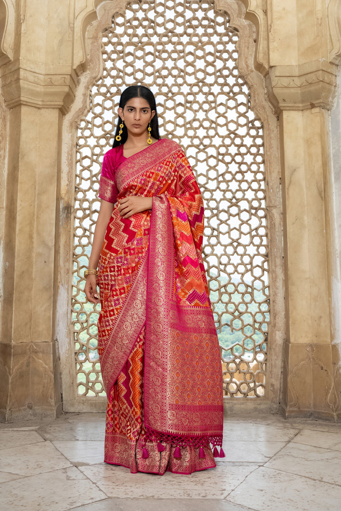 ORANGE & PINK BANARASI SATIN RANGKAT SAREE