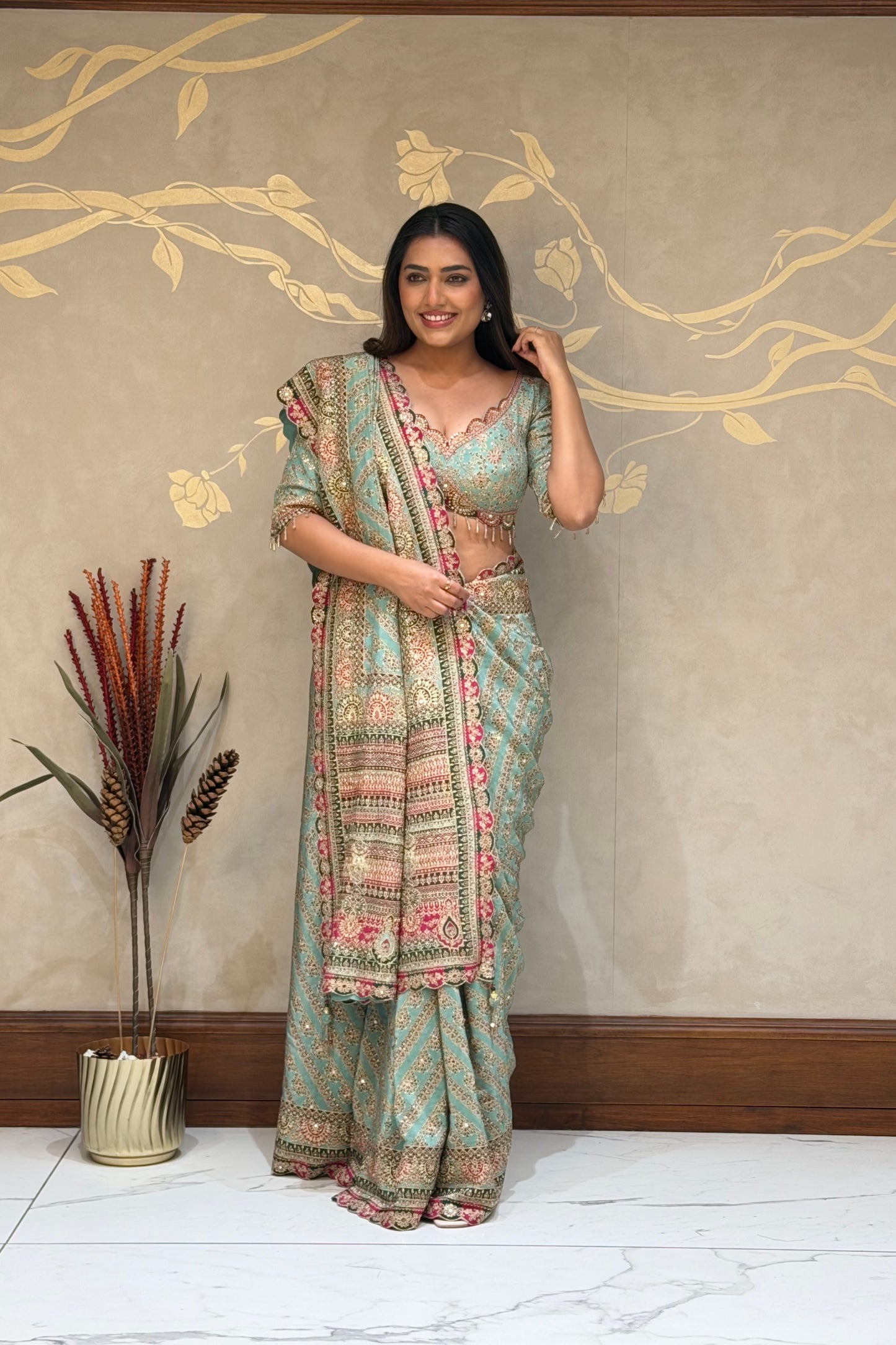 Sea Green Royale Italian Crepe Saree