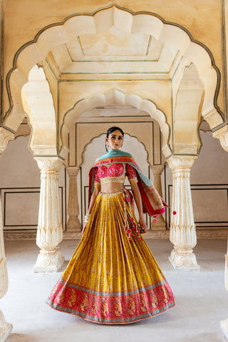 MUSTARD & PINK GAJI SATIN LEHENGA