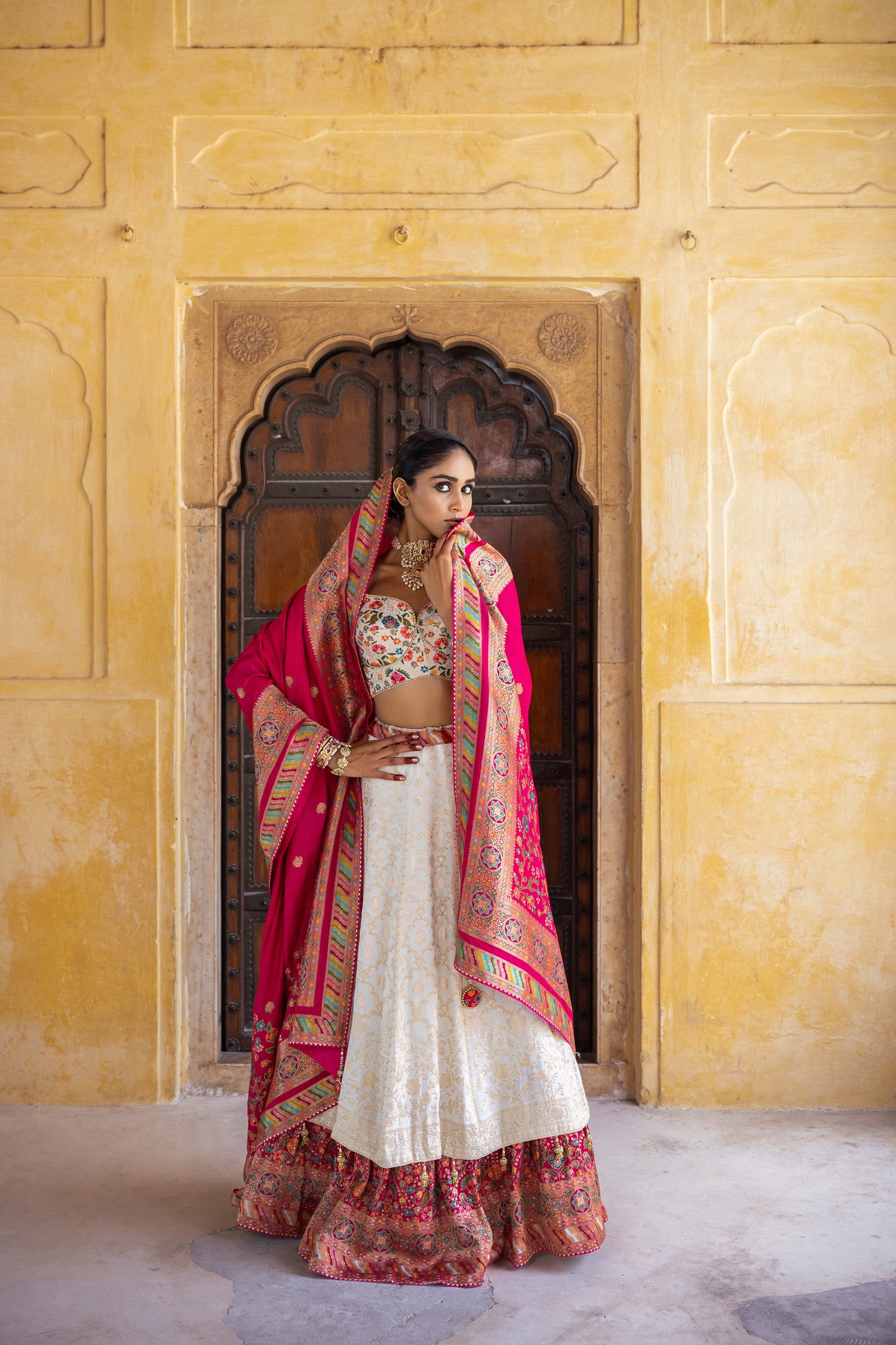 DAISY WHITE & PINK DOUBLE LAYER DOLA SILK LEHENGA