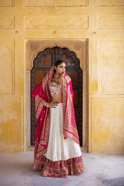 DAISY WHITE & PINK DOUBLE LAYER DOLA SILK LEHENGA