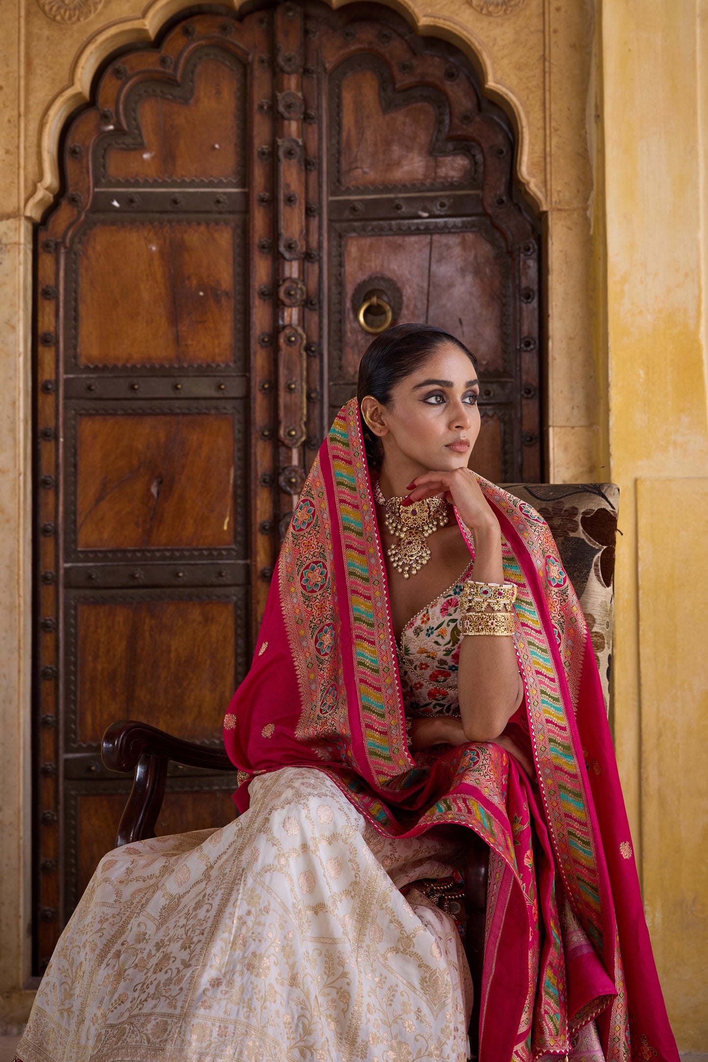 DAISY WHITE & PINK DOUBLE LAYER DOLA SILK LEHENGA
