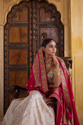 DAISY WHITE & PINK DOUBLE LAYER DOLA SILK LEHENGA alternate