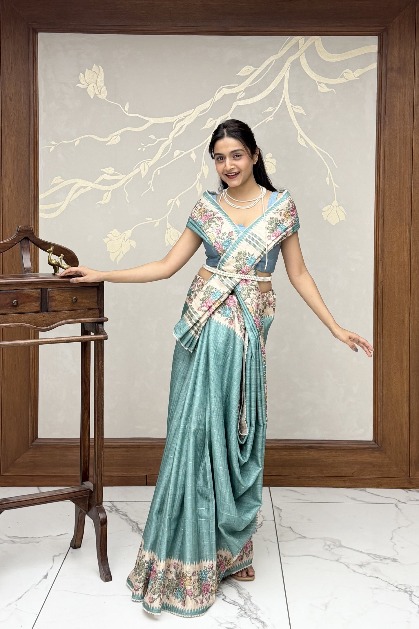 Sky Blue Summer Bloom Cotton Linen Saree