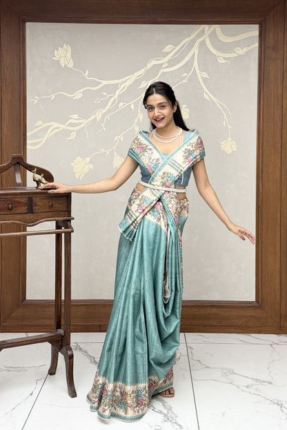 Sky Blue Summer Bloom Cotton Linen Saree