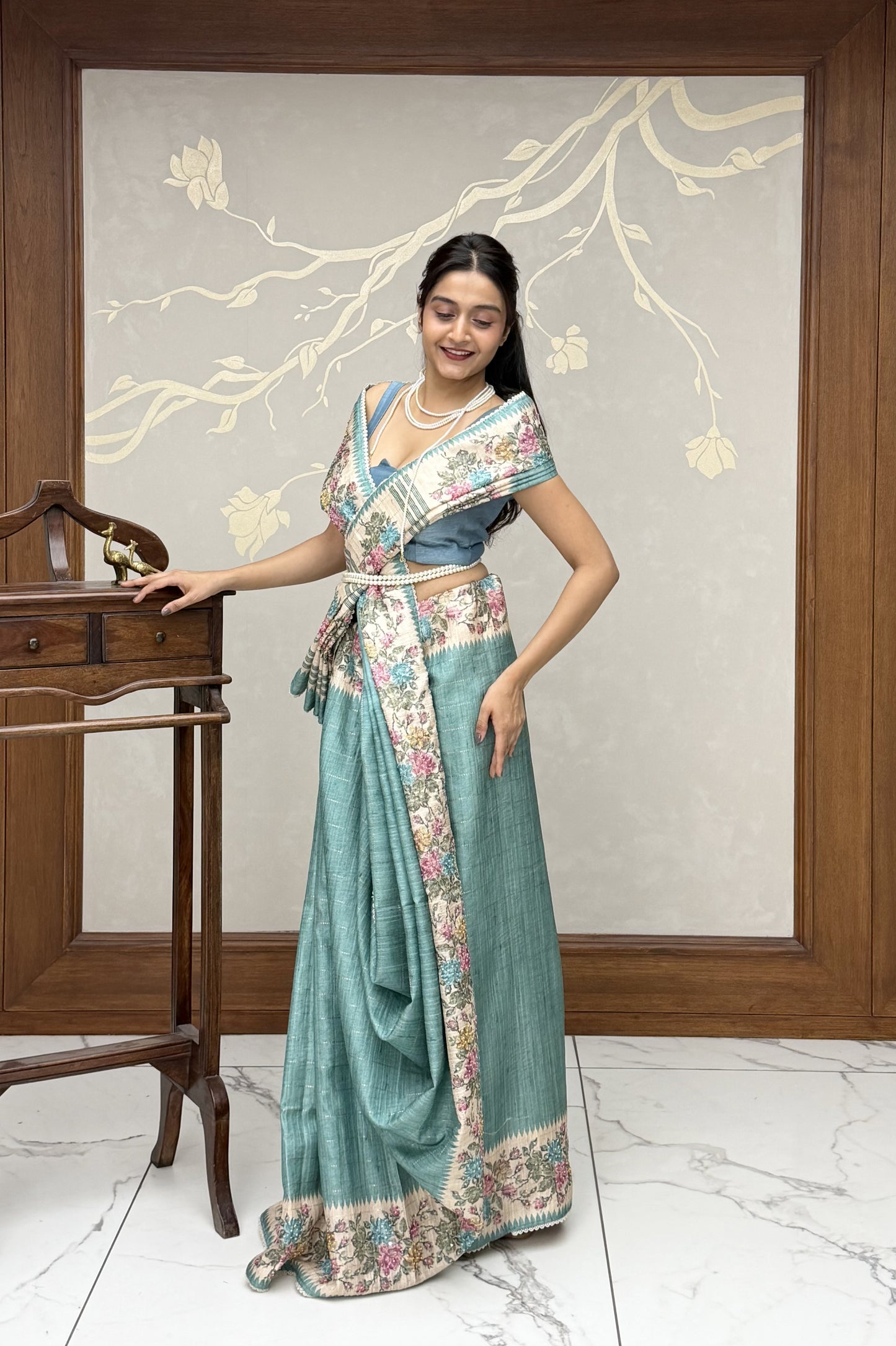 Sky Blue Summer Bloom Cotton Linen Saree