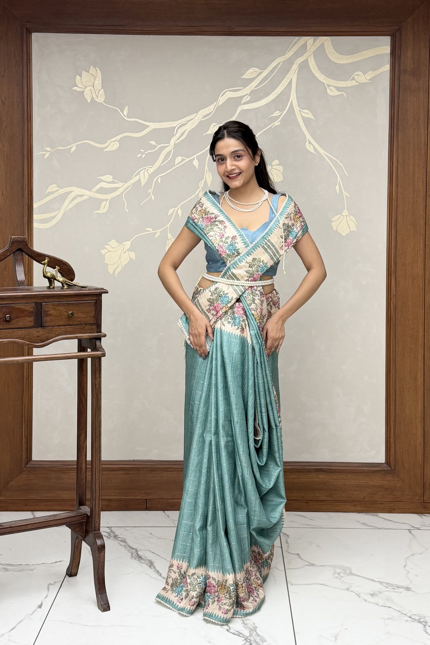Sky Blue Summer Bloom Cotton Linen Saree