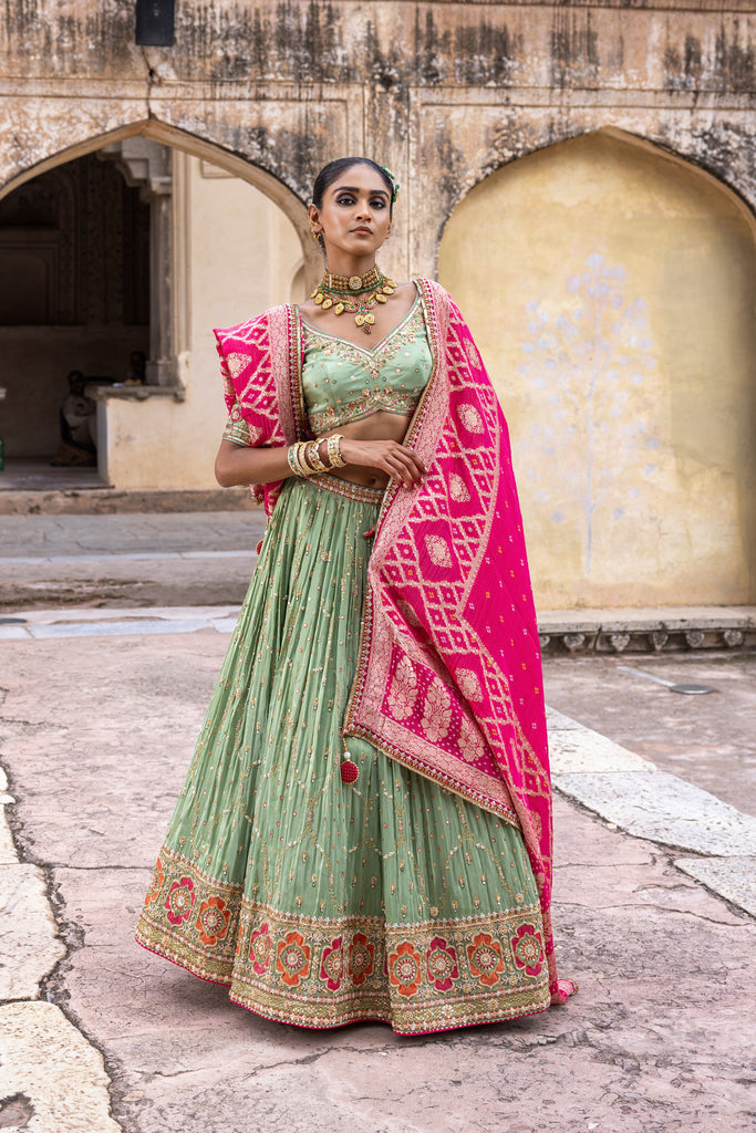 PISTA GREEN EMBROIDERED TISSUE LEHENGA