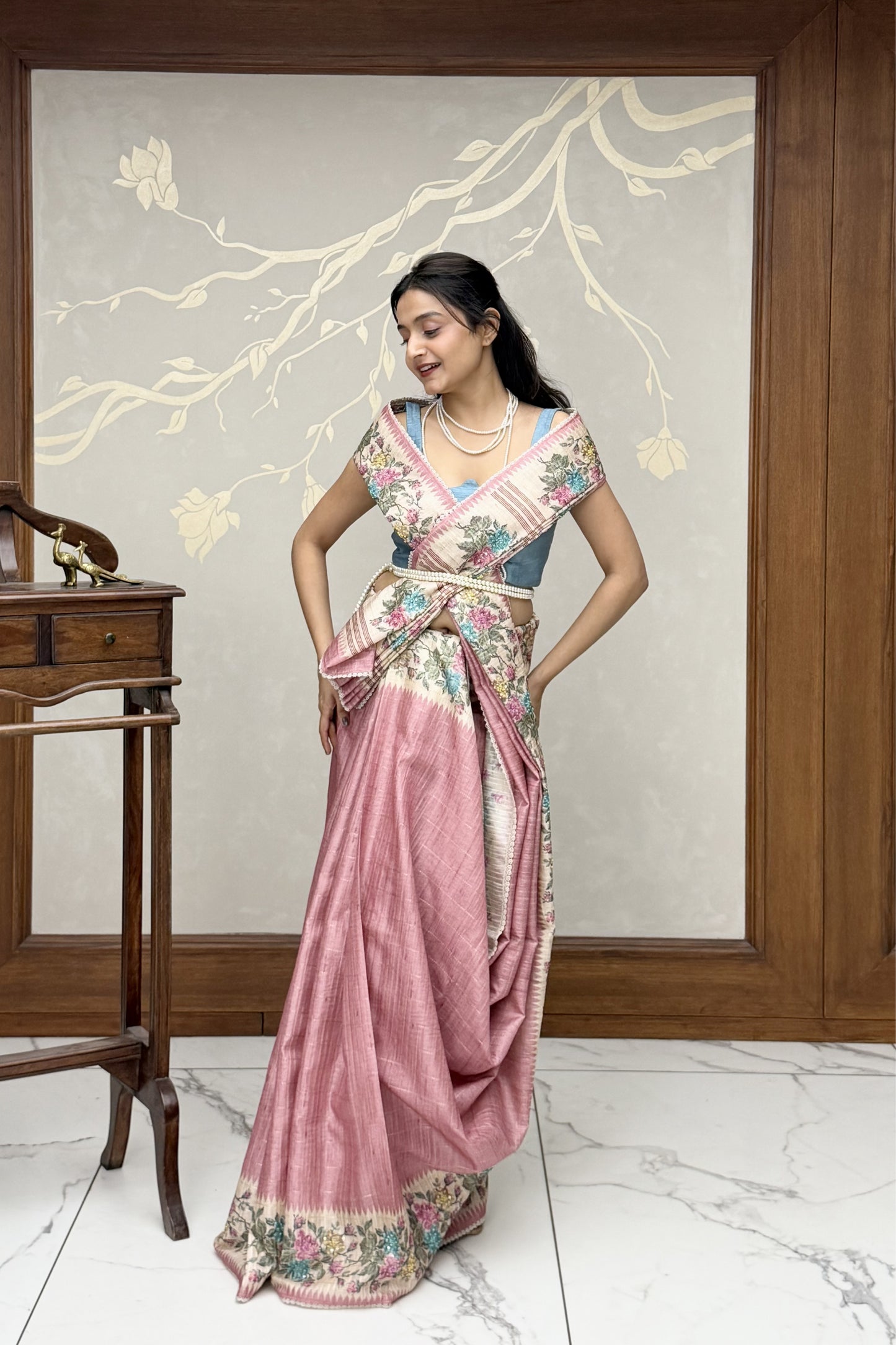 Pink Summer Bloom Cotton Linen Saree