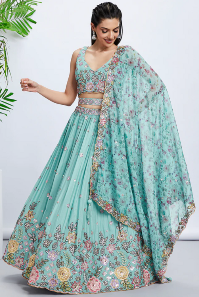 TURQUOISE BLUE CHIFFON LEHENGA