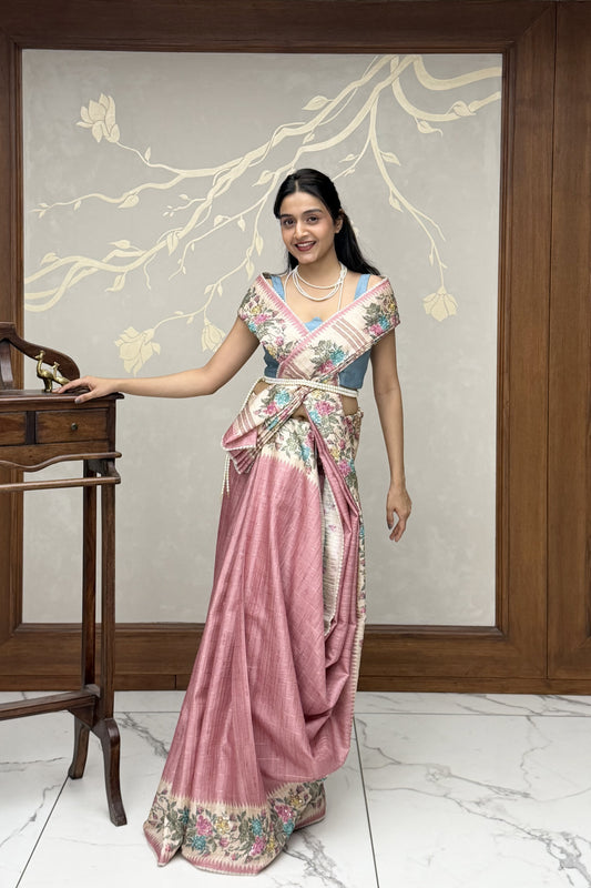 Pink Summer Bloom Cotton Linen Saree