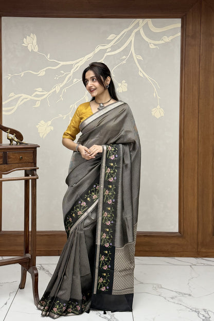 Midnight Black Lehriya Tussar Silk Saree