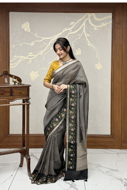 Midnight Black Lehriya Tussar Silk Saree