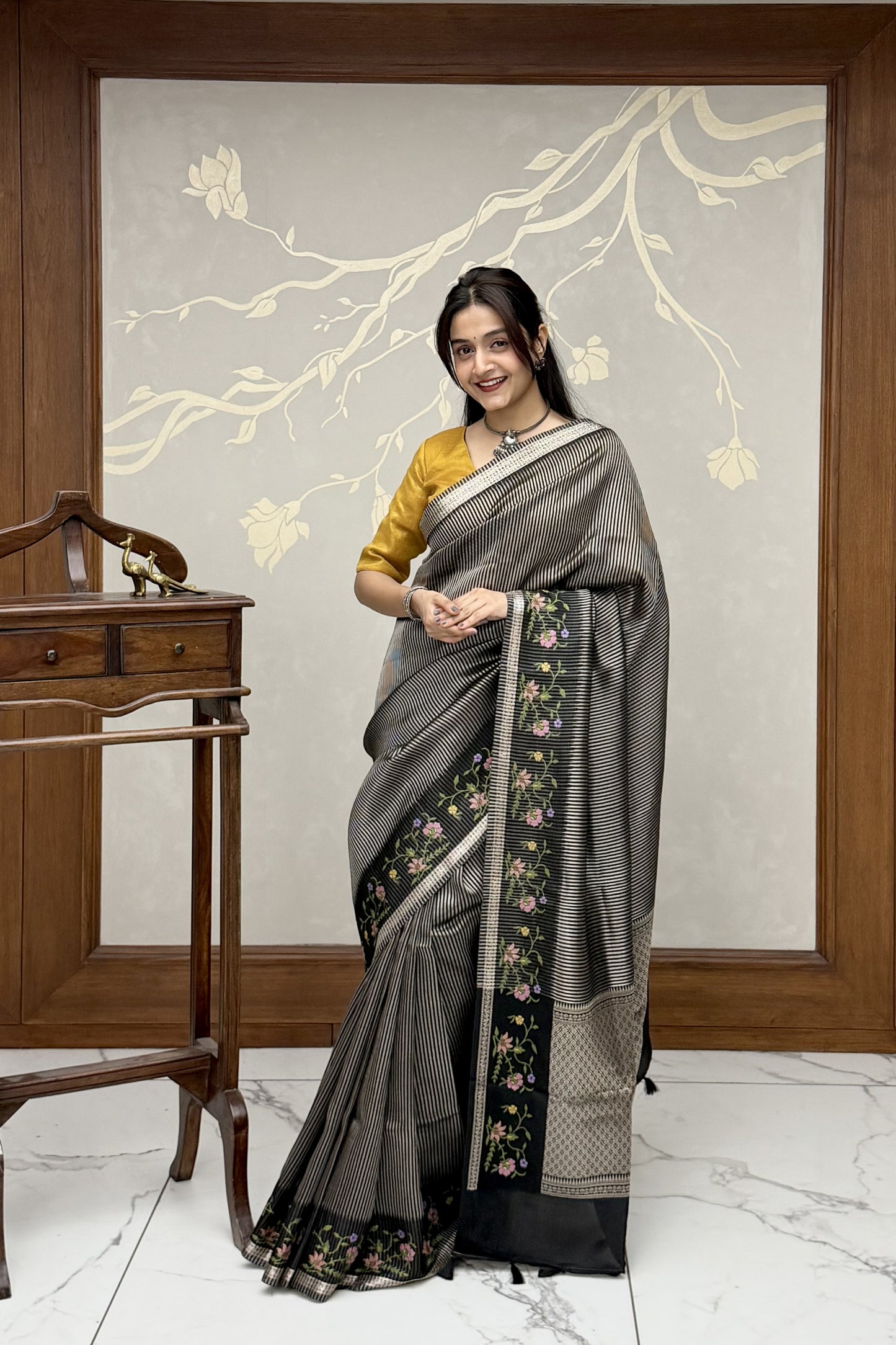 Midnight Black Lehriya Tussar Silk Saree
