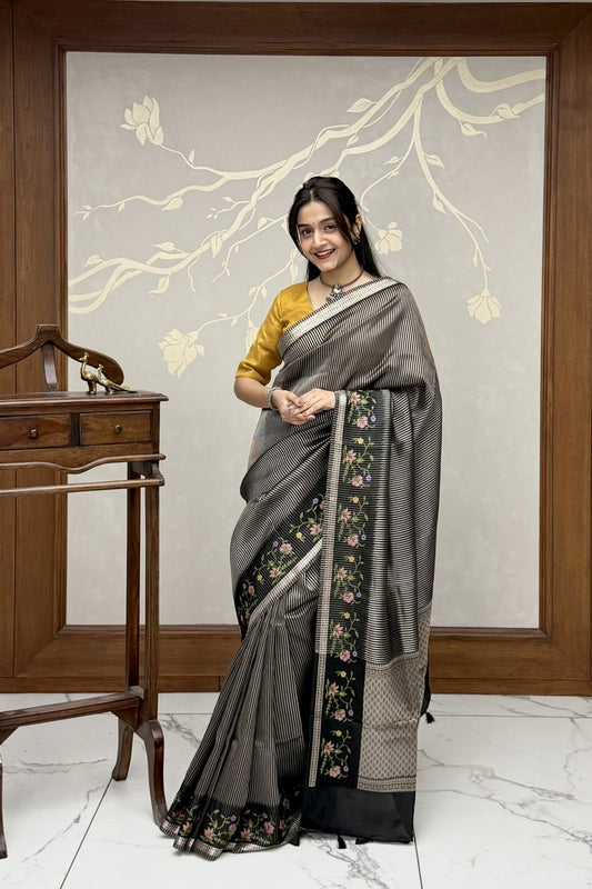 Midnight Black Lehriya Tussar Silk Saree