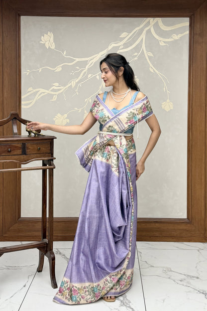 Lavender Summer Bloom Cotton Linen Saree