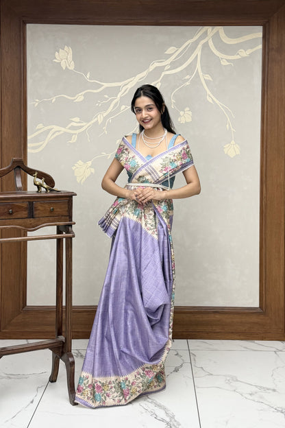 Lavender Summer Bloom Cotton Linen Saree