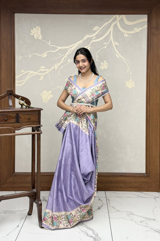 Lavender Summer Bloom Cotton Linen Saree