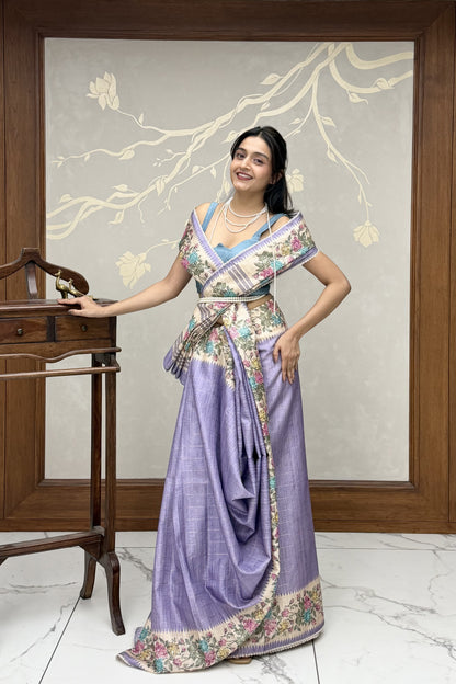 Lavender Summer Bloom Cotton Linen Saree