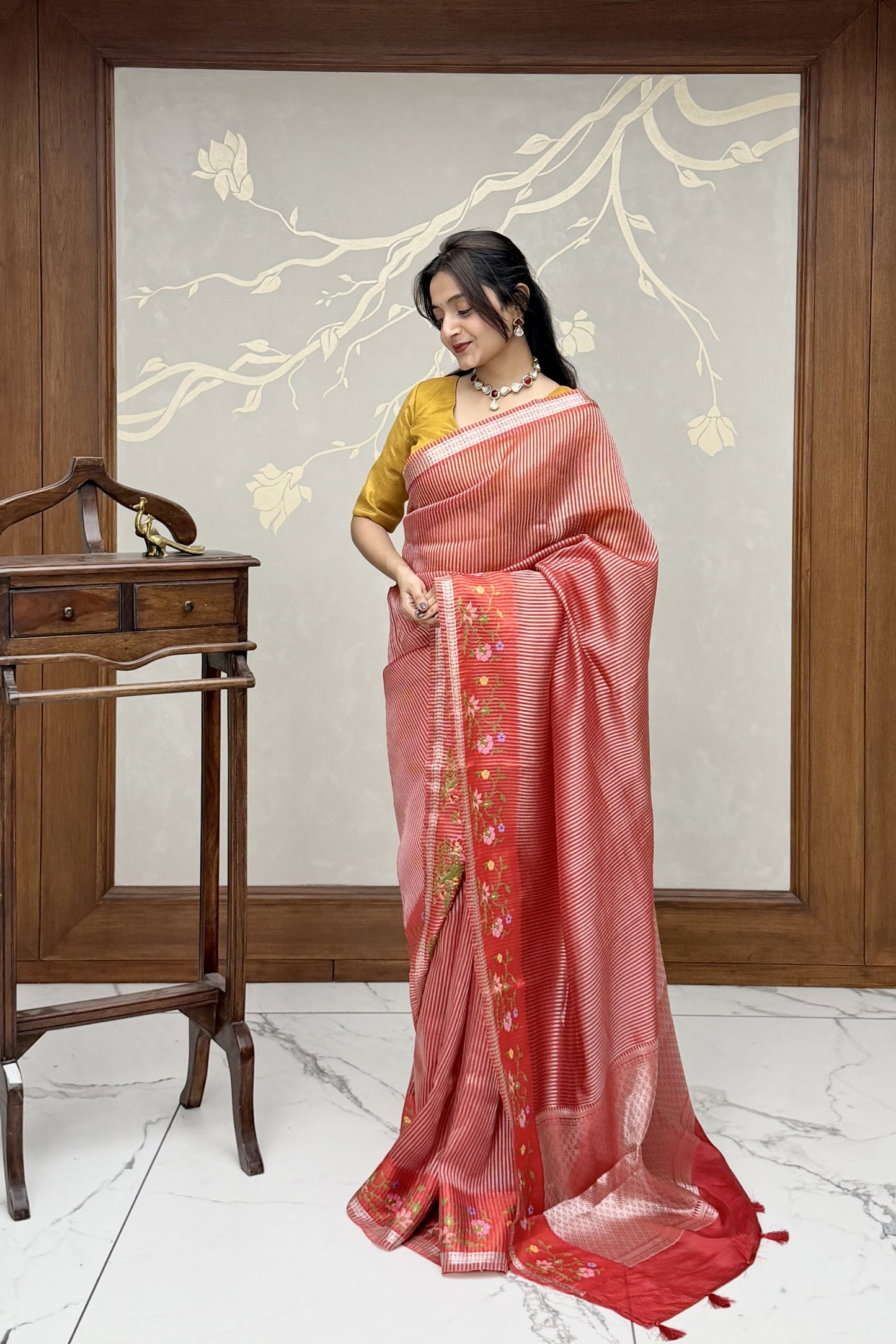 Crimson Red Lehriya Tussar Silk Saree