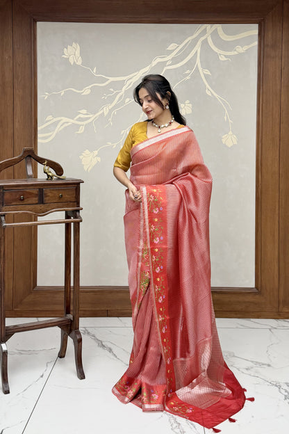 Crimson Red Lehriya Tussar Silk Saree