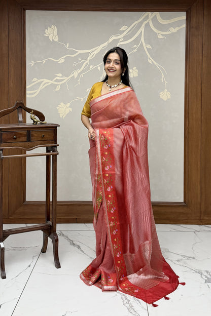 Crimson Red Lehriya Tussar Silk Saree