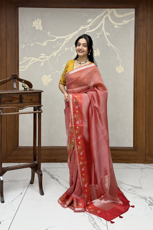 Crimson Red Lehriya Tussar Silk Saree