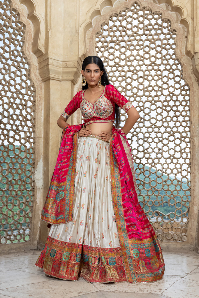 SNOW WHITE GAJI SATIN LEHENGA