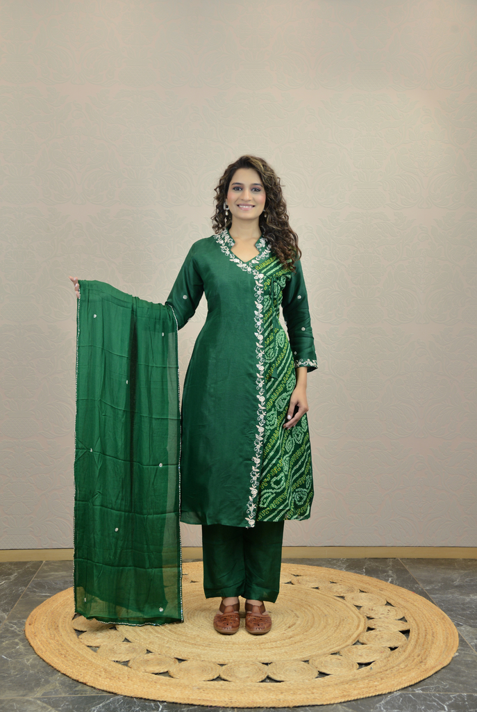 BOTTLE GREEN BANDHEJ KURTA SET