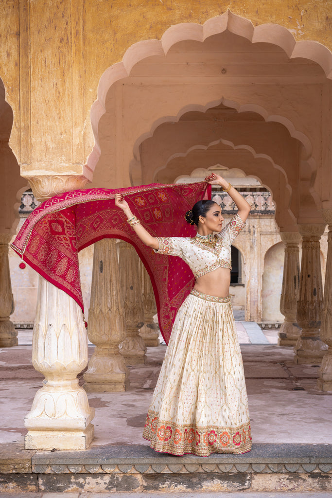 OFF WHITE EMBROIDERED TISSUE LEHENGA