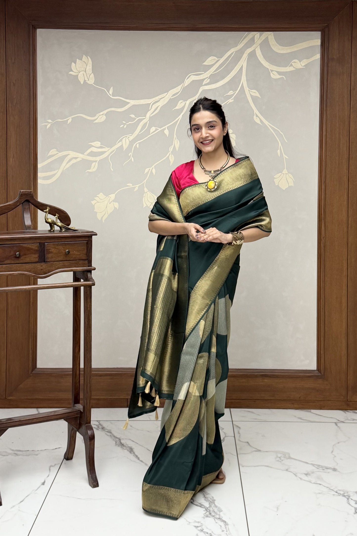 Emerald Green Pure Dola Silk Saree