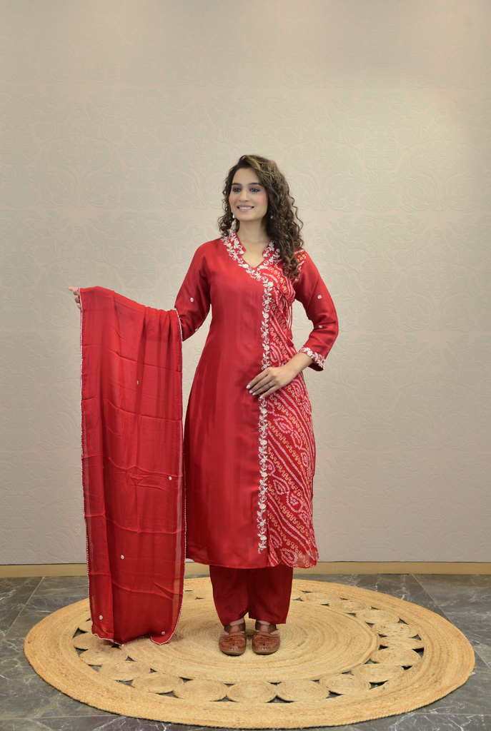 CANDY RED BANDHEJ KURTA SET