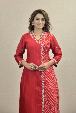 CANDY RED BANDHEJ KURTA SET