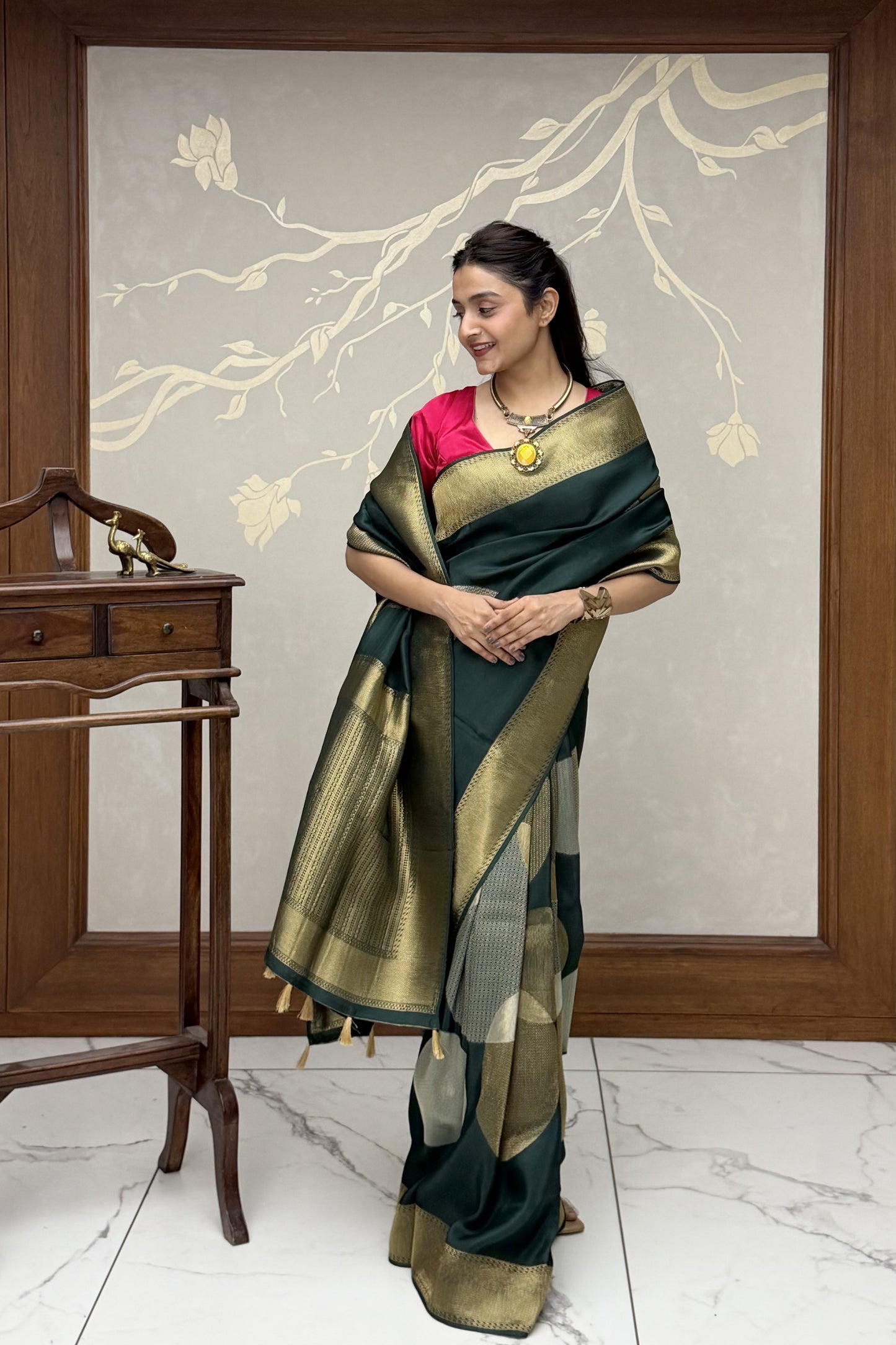 Emerald Green Pure Dola Silk Saree