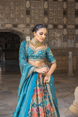 DARK CYAN BANARASI TISSUE LEHENGA