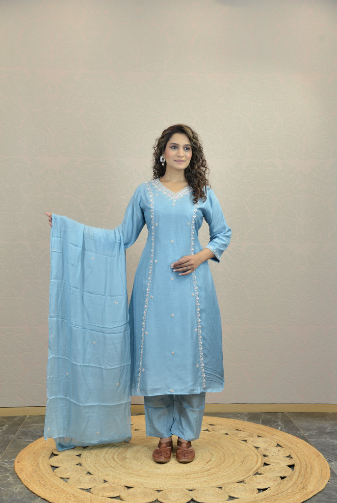 BABY BLUE SILK KURTA SET