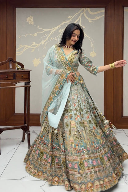 Powder Blue Italian Crepe Printed Lehenga Set