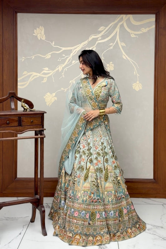 Powder Blue Italian Crepe Printed Lehenga Set