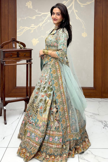 Powder Blue Italian Crepe Printed Lehenga Set