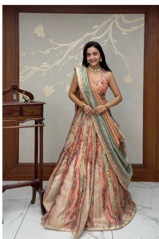 Blush Peach Printed Tissue Lehenga with Handwork Blouse