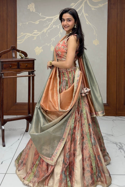Blush Peach Printed Tissue Lehenga with Handwork Blouse