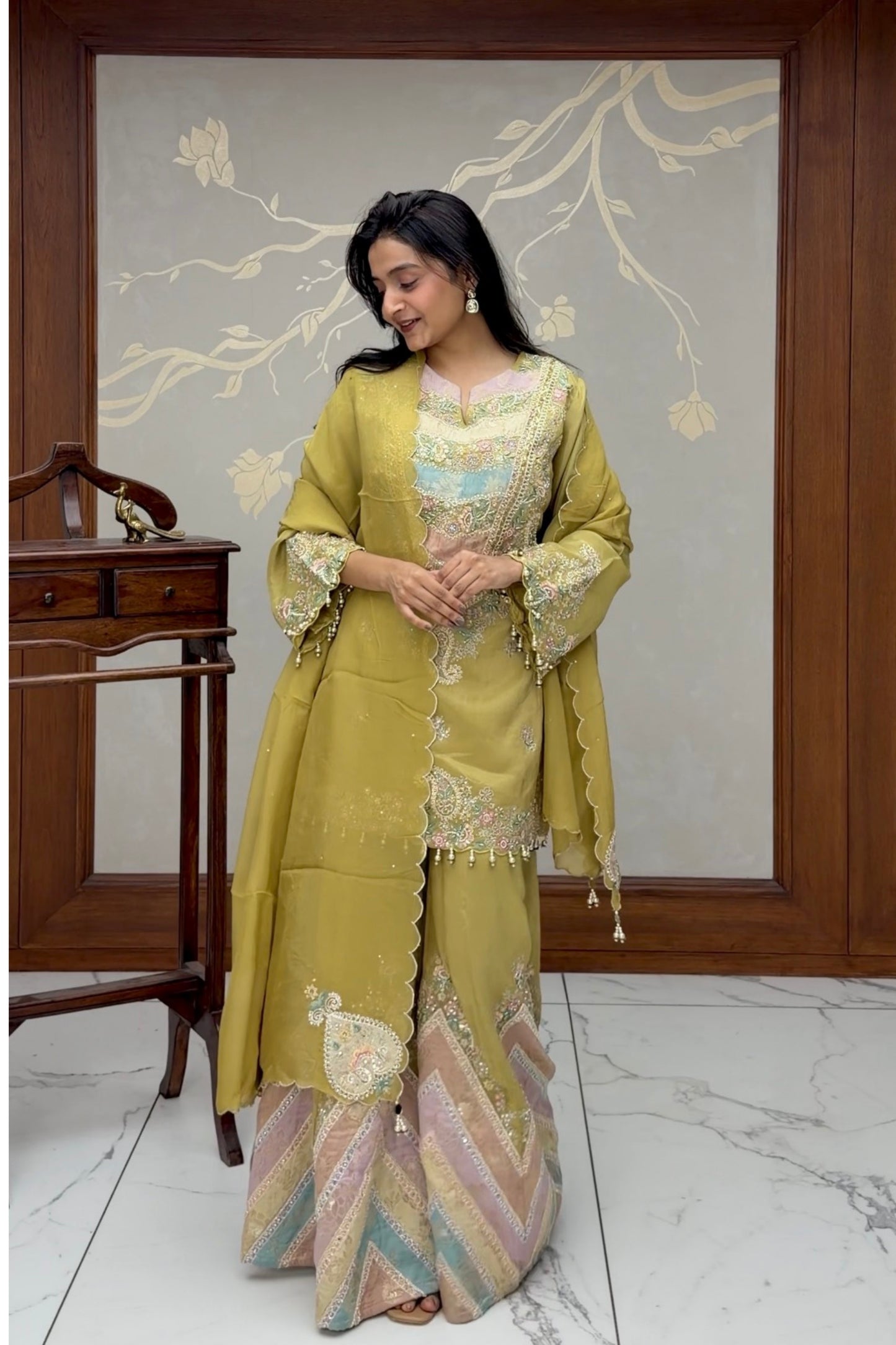 Olive Green Tissue Silk Designer Plazo Set