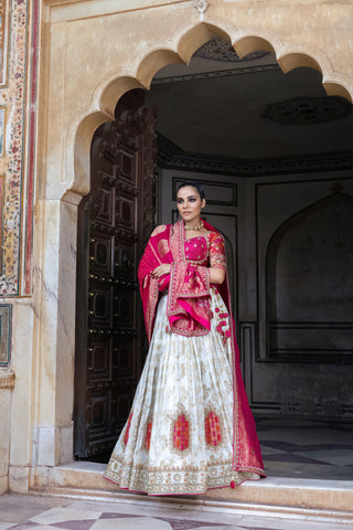 WHITE & PINK DOLA SILK LEHENGA