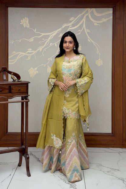 Olive Green Tissue Silk Designer Plazo Set