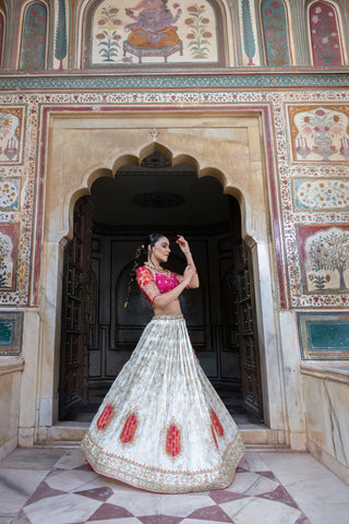 WHITE & PINK DOLA SILK LEHENGA