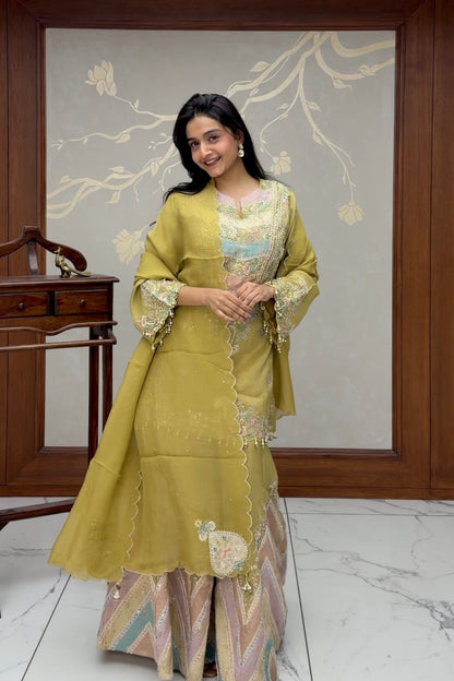 Olive Green Tissue Silk Designer Plazo Set