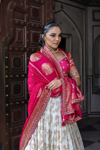 WHITE & PINK DOLA SILK LEHENGA