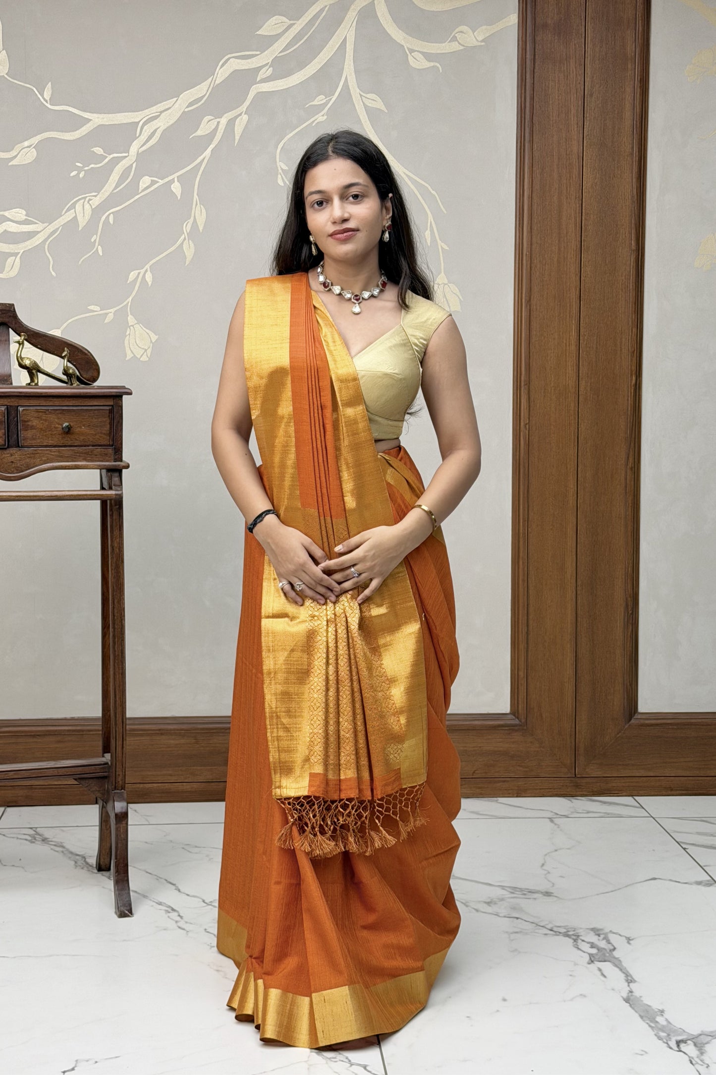 Orange linen crepe saree