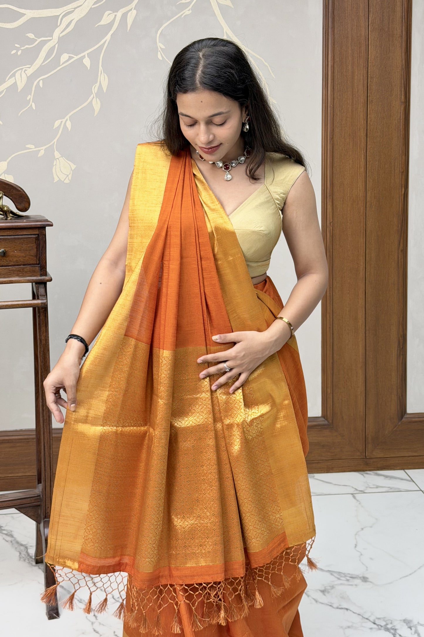 Orange linen crepe saree