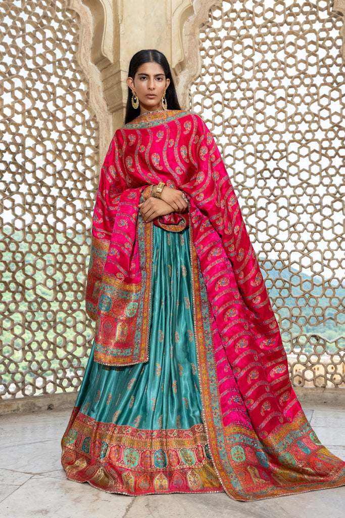 TEAL & PINK GAJI SATIN LEHENGA